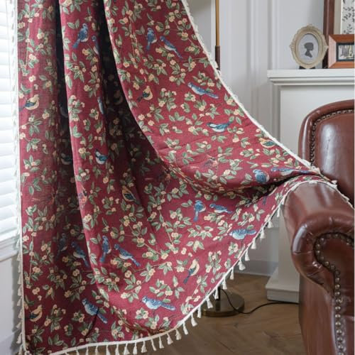 USTIDE Vorhang mit Blumenmuster, Jacquard, Shabby-Landhaus-Stil, Quasten-Vorhang für Schlafzimmer und Wohnzimmer, lichtreduzierend, 1 Panel, 140 x 160 cm, Rot