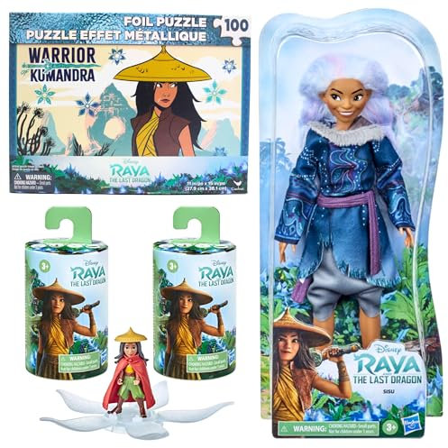 Toptoys2u Bargain Bundles Raya und der letzte Drache Sisu 27 cm bewegliche Puppe, 2 Miniaturfiguren-Blindboxen und 100-teiliges Folien-Puzzle, 4-teiliges Paket