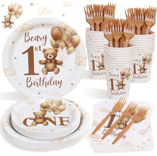 Heboland Beary First Birthday Decorations Boy Bear 1st Plates for 25 Guests, 1st Birthday Decorations for Boys 100Pcs Teddy Bear Beige Balloon Party Plates Cups and Napkins Baby One Party Decor