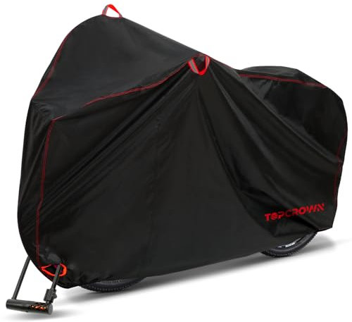 Topcrown Bike Cover Waterproof Outdoor Storage for 1 Bike, Bicycle Cover Rain Sun UV Dust Wind Proof with Storage Bag for Mountain Road Bike/Ebike (420D Black+Red, XL Size for 1 bike)