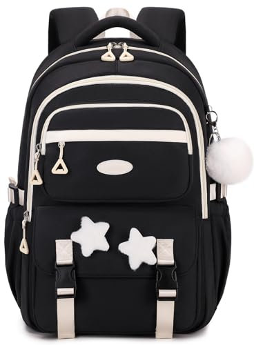 Amythe Rucksack Mädchen, Schulranzen für 3.-5. Klasse, Lässiger Große Kinderrucksack mit Pom-Pom-Anhänger & Sternenabzeichen, Leichter Schulrucksack Teenager mit Trolleyband -Schwarz