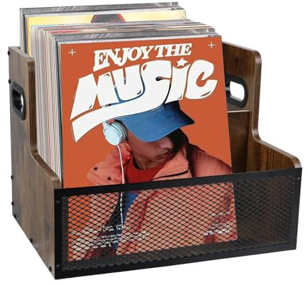 mumisuto Grande Rétro Meuble Platine Vinyle 40×30×30 cm, Meuble Vinyle avec Poignées & Séparateurs, Rangement pour Livres, Magazines, Dossiers, Articles de Bureau, Marron