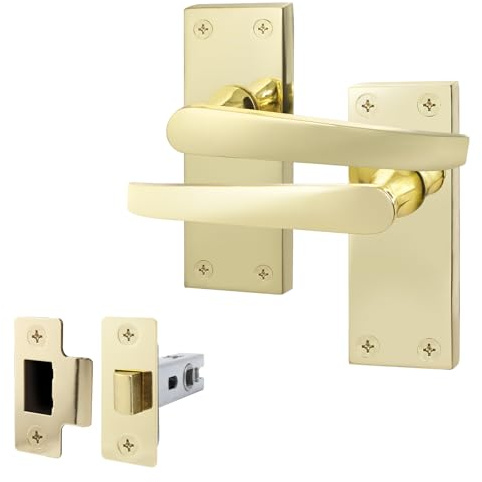 EAI Polished Brass Door Handles with Latch 64mm | Complete Latch Kit with 1 Pair of Lever on Backplate Door Handles, 64mm Latch, Fixings Included
