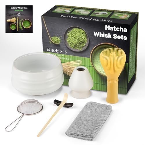 7PCS Kit de Ceremonia Japonesa de Matcha, Cuchara de Bambú, Cuchara de Bambú, Soporte para Batidor, Set de Regalo de Matcha para la Ceremonia del Té, Beber (Matte White Plastic Brush)