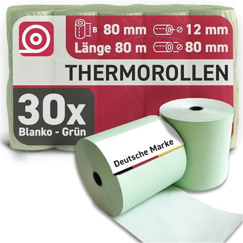 GEBONGT24 grüne Thermorollen 80 mm x 80 m x 12 mm, BPA-frei, 55 g/m², langlebig & FSC-zertifiziert – für Bondrucker, EC-Geräte & POS – ideal für Wäschereien, Parkscheine, Events & Werbung