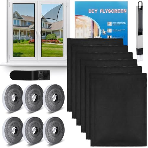 6 Stück Fliegengitter Fenster ohne Bohren, 130×150cm Insektenschutz Fenster, Mückennetz Fenster, Moskitonetz Fenster, Fliegengitter Schwarz mit Klettband