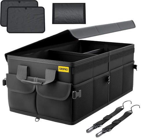 Gripko Organizador Maletero Coche 50L - Bolsa Maletero coche Plegable con Bolsillos, Base Doble y Paredes Reforzadas - Versátil y Seguro - Base Antideslizante - Cinchas Ajustables - Tapa Extraíble