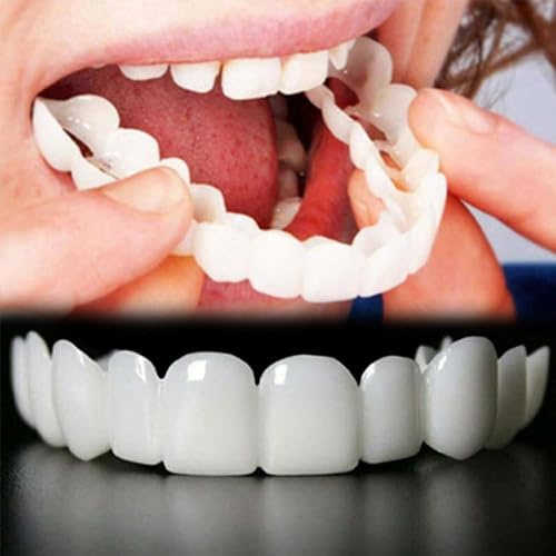 False Teeth,2 Pairs Teeth Covers,Pop On Veneers,Instant Clip On Veneers Top and Bottom Dentures Snap On False Cosmetic Teeth with Moldable Thermal Fitting Beads for Woman and Man