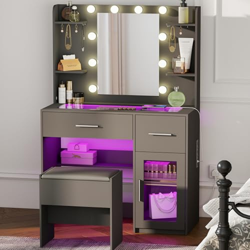 YOSHOOT Dressing Table with Bulb Lighting Mirror, Glass Top Charging Station, Vanity Table with 2 Drawers, Side Cabinet, Makeup Desk with Upholstered Stool for Cloakroom and Bedroom,90*40*140cm（Black）