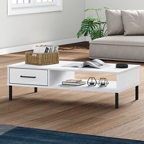 YuuSsea Couchtisch Oslo, Weiß Massivholz Kiefer, mit Metallbeinen, 100x55x29 cm, Stauraum, 1 Schublade, Wohnzimmer