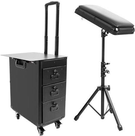 awolsrgiop Kosmetik Trolley mit Armlehnenständer, Mobile Makeup Station mit 3 Schubladen & Abnehmbarem Arbeitsplatz, Zahlenschloss & Rollen für Nageldesign, Friseur & Tattoo, Schwarz, 42x28x53 cm