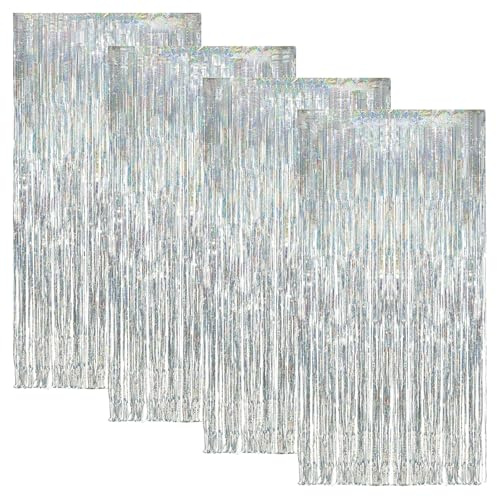4 Stück 1 m x 2.5 m Lametta Vorhang Silber, Glitzer Vorhang Geburtstag | Party Vorhang, Deko Lametta, Glitzervorhang fur Disco Party Geburtstags Hochzeit Festivals Bühnen