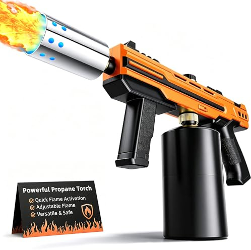 Powerful Grill Torch Gun, Adjustable Flamethrower Blowtorch for BBQ, Camping, Charcoal Lighter & Fire Starter - Tank not Included (Orange)