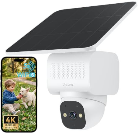 blurams 4K Telecamera WiFi Esterno Senza Fili Solare h24 | 8MP, Batteria 12000mAh con pannello 5W, Registrazione 24/7, Wi-Fi 6 Dual-band 2,4 GHz & 5 GHz, 360 gradi, IP66 Impermeabile