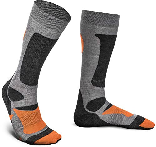 Piarini 2 Paar Unisex Skisocken Skistrumpf Herren Damen Wintersport Snowboard atmungsaktive Knie-Strümpfe Grau-Orange Gr.47-50