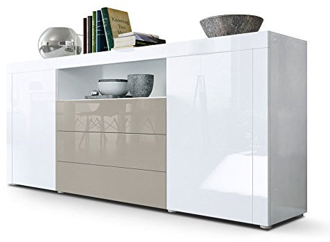 Vladon Sideboard Santiago, Made in Germany, Weiß Hochglanz/Sandgrau Hochglanz - Moderne Kommode für Ihr Wohnbereich - (BxHxT) 167 x 72 x 35 cm