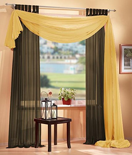 Gardinen Set, 2 x Schlaufenschal Voile, transparent, 245x140, Braun, 1 x Voile Querbehang, Freihanddeko, 140x600, Gelb, 61000560