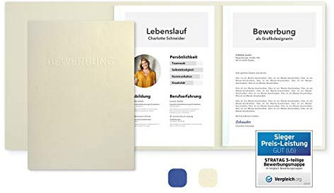 5 Stück 3-teilige Bewerbungsmappen Creme-Beige mit 2 Klemmschienen in feinster Lederstruktur - hochwertige Prägung ''BEWERBUNG'' - direkt vom Hersteller STRATAG