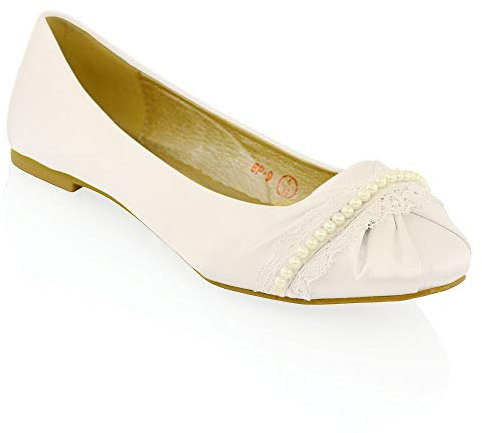 ESSEX GLAM New Womens LACE Pearl Wedding Bridal Ivory White Ballerina Flat Pumps Shoes Size 3 4 5 6 7 8 (UK 7 / EU 40 / US 9, White Satin)
