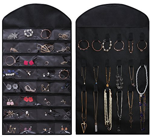 Ezigoo Hanging Jewellery Organiser Large Double Sided Black Jewelry Organiser- Jewellery Hanger Jewellery Holder, Earring Holder All In One, Wardrobe Storage Organiser