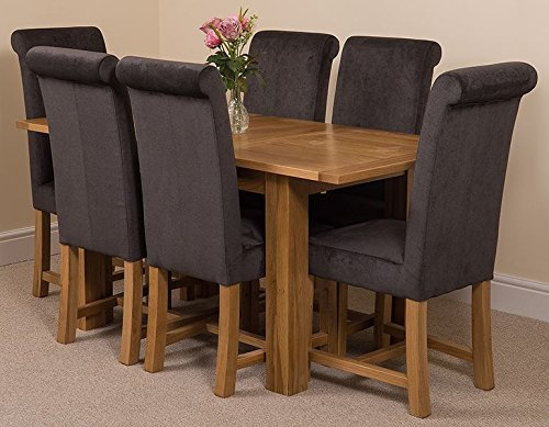 Oak Furniture King Solid Oak Extending Dining Table & Chairs Set 6 Seater Kitchen Dining Set – Hampton 120-160 cm Extendable Table & Washington Upholstered Black Fabric Chairs