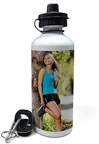LolaPix Botella Personalizada. Botella de Aluminio Inoxidable con Foto. Botella Agua. Water Bottle. Cantimplora. Libre BPA. 600ml. Doble TAPÓN Color Blanco