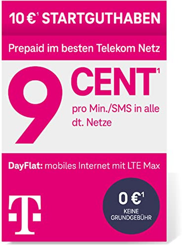 Telekom MagentaMobil Prepaid Basic SIM-Karte | 9ct pro Minute/SMS in alle dt. Netze | 10 EUR Startguthaben | Ohne Vertragsbindung I Volle Kostenkontrolle