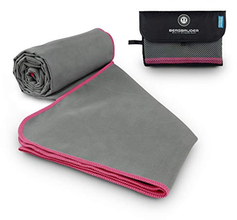 BERGBRUDER Microfaser Handtücher - Ultraleicht, kompakt & schnelltrocknend - Mikrofaser Handtuch, Reisehandtuch, Sporthandtuch (XL 180x90 cm, Grau-Pink)