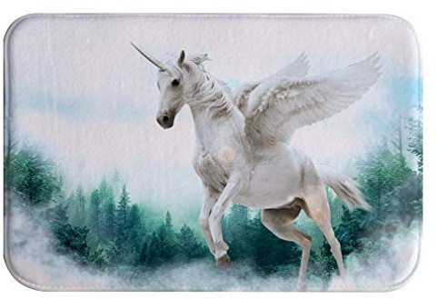 A.Monamour Badematten Badteppiche Badvorleger Fantasie Einhorn Fliegt Durch Neblige Grüne Waldbäume Saugfähigen Flanell rutschfeste Badematte Badematte Bodenteppichbereich Teppiche 40x120cm