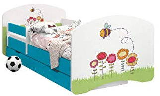 Happy Babies - Doppelseitiges KINDERBETT MIT SCHUBLADE Modernes Design mit sicheren Kanten und Absturzsicherung Schaumstoffmatratze 7 cm Blau (Biene, 160x80)