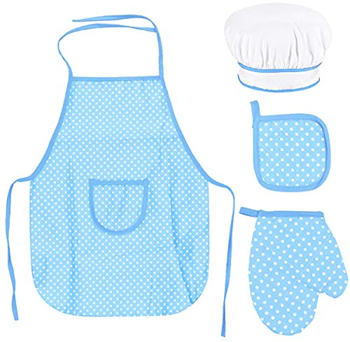 Fodlon Koch Set für Kinder, Verstellbare Kochschürze für Kinder, Kinder Küche Backen mit Kinder Kochmütze, Kinder Kochhandschuh, Hitzebeständige Matte für Jungen Mädchen Alter 3-8 Jahre Alt (Blau)