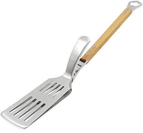 Grillzange mit Flaschenöffner, Grillzange aus robustem Edelstahl mit Holzgriff (Silber)