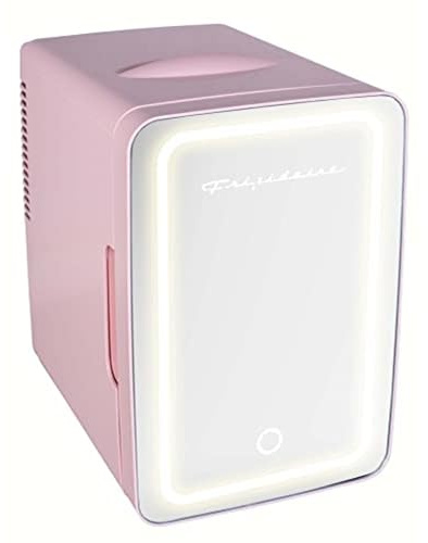 FRIGIDAIRE Mini Personal Fridge Cooler, LED Lighted Mirror, 6.5L Capacity, 9 Cans, 100% Freon-Free & Eco Friendly, for Makeup, Skincare, Portable, Pink