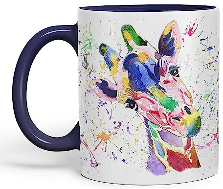 Vixar Cute Watercolour Giraffe Rainbow Art Coloured Mug Cup, Gift, Birthday, Work, Office, Christmas Tea Coffee (Navy)