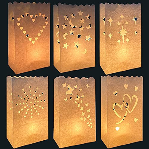 30 STK Lichttüten, Candle Bags Papierlaterne Wiederverwendbar, Weiße Lichttüten, Kerzentüten Schmetterling, Stern, Herz, Punkt, Mond Designte Laterne für Birthday Lichttüten, Hochzeit, Romantische