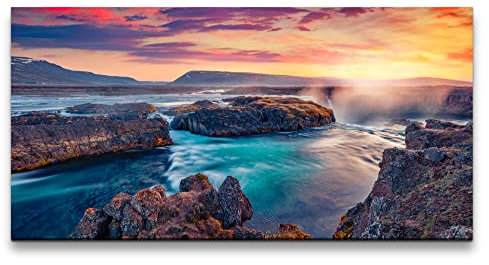 Paul Sinus Leinwandbild 120x60cm Godafoss Island Wasserfall Felsen Atemberaubend Sonnenuntergang