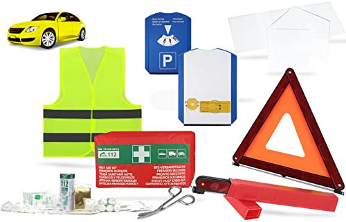 notlok Safety Work, Auto-Notfallset 9in1 Erste-Hilfe-Set DIN13164, Warnweste, Warndreieck, Parkkarte, Autozubehör, Unfallweste, Fahrzeugausrüstung, LKW, Eiskratzer, Hilfe Kasten XXL