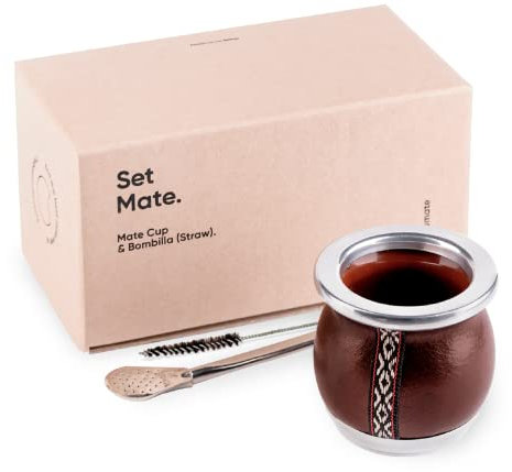 TheBmate [Tiny Mate Premium Set] Yerba Mate Tasse Handgefertigte Keramik Teetasse Kupferbraun Leder umwickelt handgefertigt in Uruguay Set Mate Tiny mit deutschem Silber Bombilla Strohhalm und