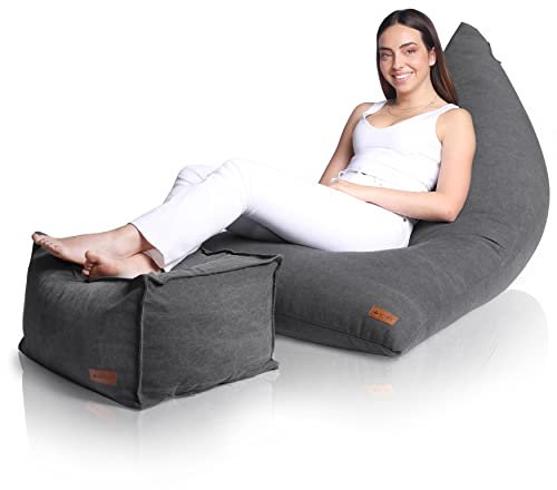 Aiire Pouf Salon avec Repose-Pieds - XXL Fauteuil Rond Poire Moderne avec Repose Pied pour Gamer, Décoration de Chambre Adulte ou Ado - Pouf Géant d'Intérieur avec Tabouret Gris Foncé