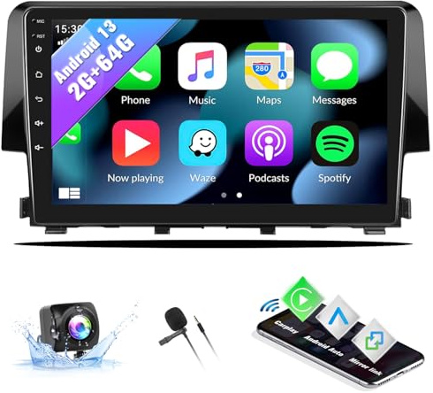 Radio estéreo de coche Android 11 para Honda Civic 2016 2017 2018 2019 2020 con Apple CarPlay inalámbrico Android Auto 2G+32G pantalla táctil de 9 pulgadas Bluetooth navegación GPS WiFi HiFi FM cámara