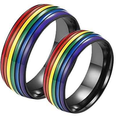 Whoiy Ringe für Herren Schwarz, Verlobungsring Damen Edelstahl 2 Stück 8mm LGBT-Ring mit Regenbogen-Emaille Gravur Personalisiert