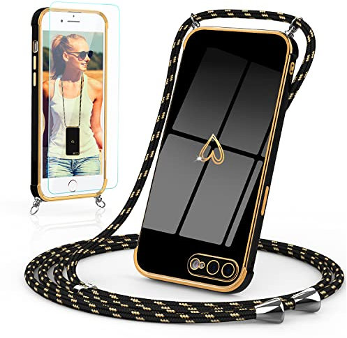 Togestar Handykette Hülle für iPhone 7 Plus/8 Plus Handyhülle mit Band und Schutzfolie, Kameraschutz Herz Love Design 360 Grad Stoßfeste Schutzhülle Silikon TPU mit Kordel zum Umhängen, Schwarz