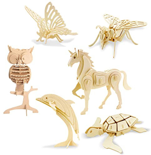 Georgie Porgy 3D Holzpuzzles DIY Modelle Kits für Kinder Dinosaurier Flugzeug Holzhandwerk BAU Spielzeug 6 Stück (Biene Schmetterling Einhorn Eule Schildkröte Delphin)