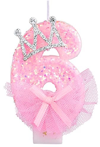 LUTER Birthday Number Candles, 2.95 Inch Crown Bow Mesh Candle Glitter Pink Number Candles Cake Topper Birthday Candles with Sequins for Anniversary Celebrations Supplies (Number 6) A24208-17