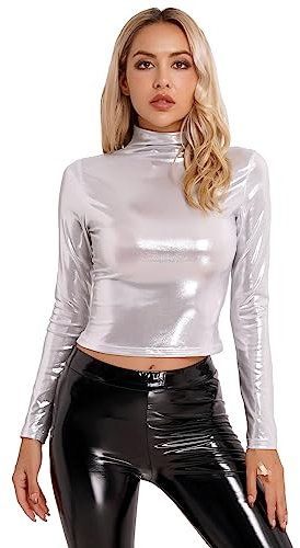 iEFiEL Damen Metallic Langarmshirts Slim Fit Stehkragen Crop Top Wetlook Top Hippe Tanztop Karneval Fasching Festival Kostüm Oberteile X Silber S