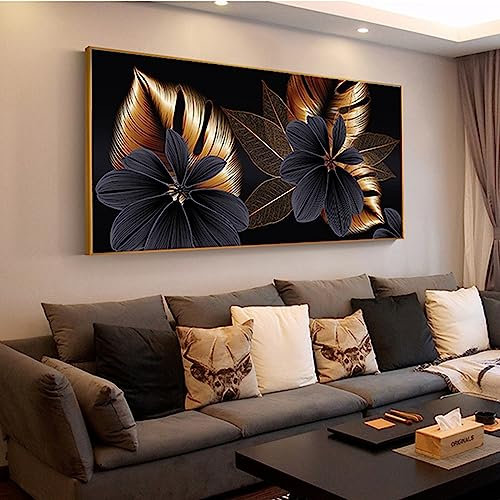 HEHGVCF Abstrakt Leinwand Bilder Schwarz und Gold 80x160cm - Botanical Art Poster, Retro Kunst Gemälde, Canvas Wandbild Rahmenlos (60x120cm)
