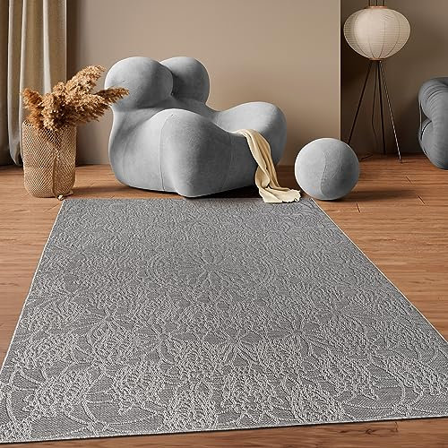 Paco Home Outdoor Teppich Wetterfest Balkon Küche Wohnzimmer Orientalisches Muster Vintage Optik Einfarbig 3D Modern, Grösse:200x280 cm, Farbe:Anthrazit 3