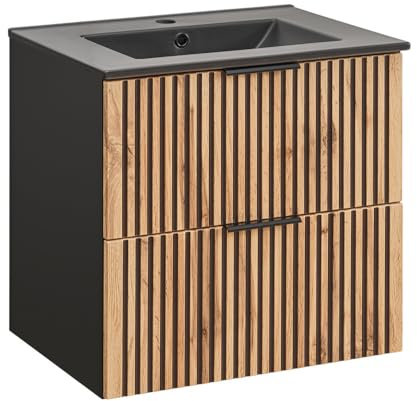 Lomadox Badmöbel Waschtisch 60 cm anthrazit mit Eiche Nb. schwarz gerillt Unterschrank Keramik Waschbecken schwarz 60x59,5x46 cm (BxHxT)