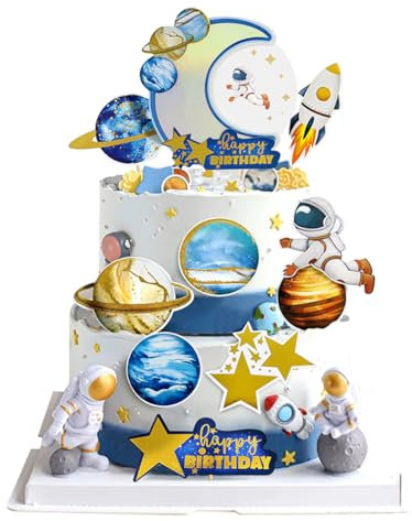 Guoguonb Blau Weltraumplanet Tortendekorationen 1 Groß Mond Happy Birthday Cake Topper und 18 Stück Weltraumthema Cupcake für Weltraum Thema Kuchen Deko Geburtstagsparty Dekoration