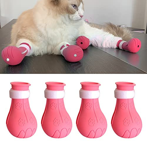 4pcs Silicone Anti Scratch Cat Shoes, Anti Off Shoes Nail Gloves Cat Boots for Cats Only, Silicone Pet Cat Paw Protector Cat Feet Claw Covers for Cat Grooming Bathing Anti Off Claw Shoes Boots(Pink)